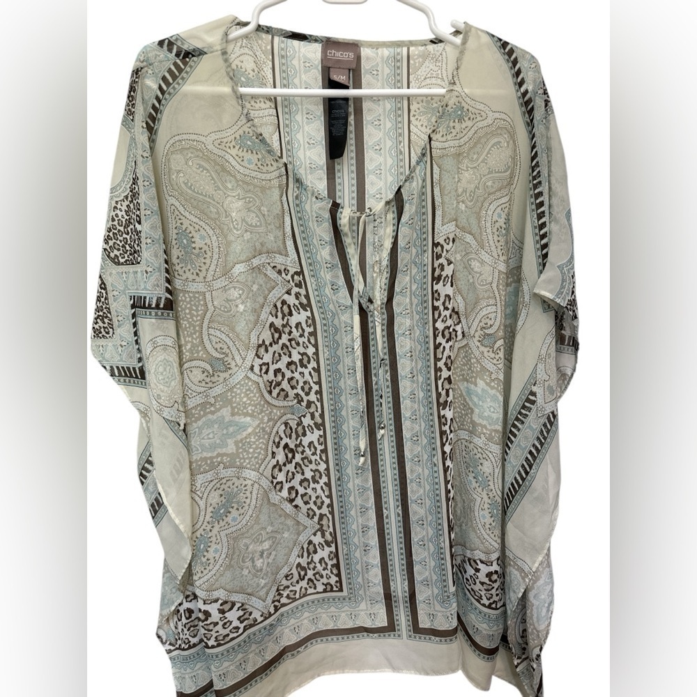 Chicos Womens Multicolor Paisley Drawstring Cape Kimono Poncho Blouse NWOT